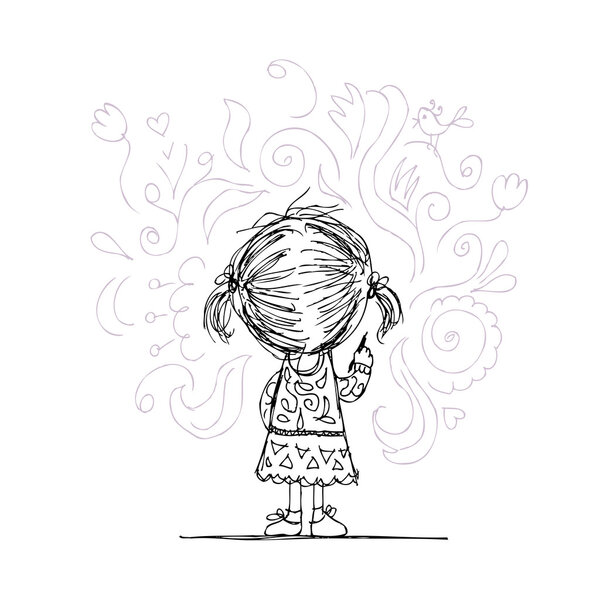 Girl draws flowers on the wall, sketch for your design