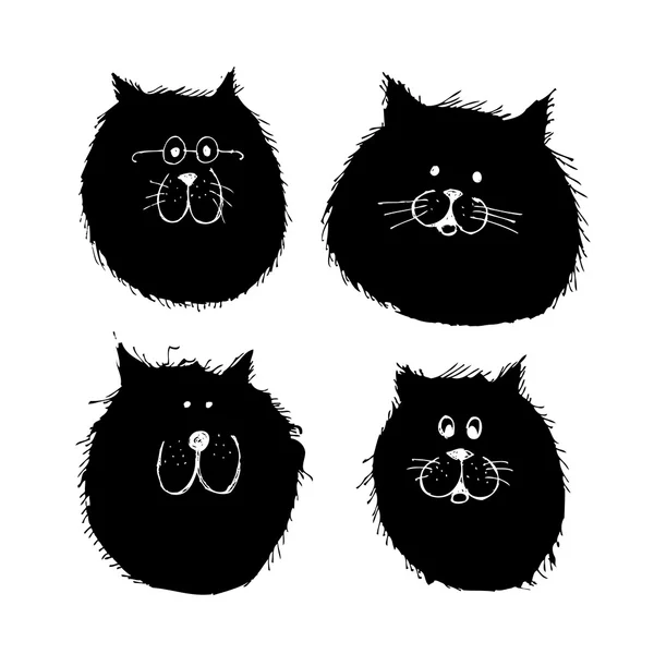 Kočky a psi tváře silueta, skica pro návrh — Stockový vektor