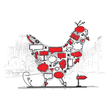 Robot tavuk şekli ile okları ve çerçeveler, cityscape arka plan resmi