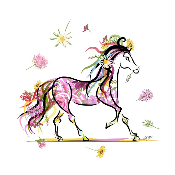 Esquisse de cheval avec décoration florale pour votre design. Symbole de 2014 année — Image vectorielle