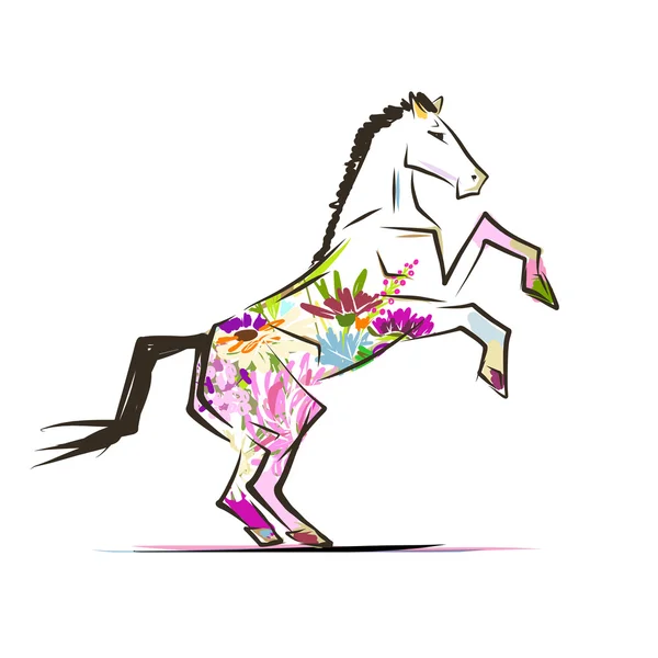 Esquisse de cheval avec décoration florale pour votre design. Symbole de 2014 année — Image vectorielle