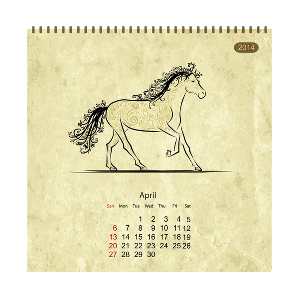 Kalender 2014, april. konst hästar för din design — Stock vektor