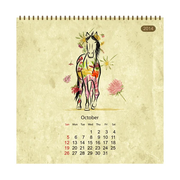 Calendar 2014, october. Art horses for your design — Stock Vector