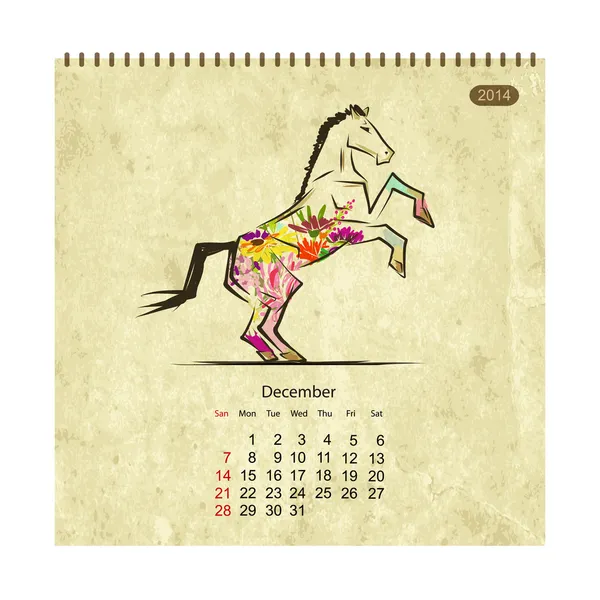 Calendar 2014, december. Art horses for your design — Stock Vector