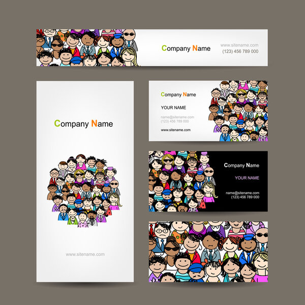 Colección de tarjetas de visita, diseño de multitud de personas — Vector de stock