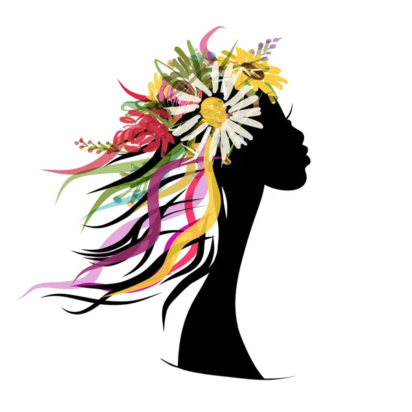 Female portrait with floral hairstyle for your design — Stock Vector