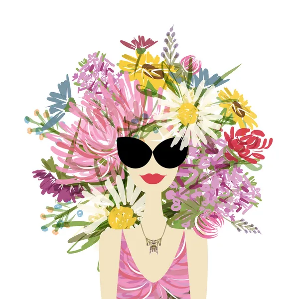 Female portrait with floral hairstyle for your design — Stock Vector