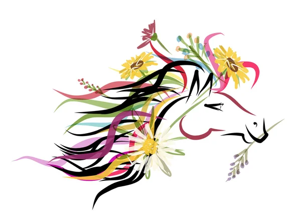 Sketch cabeça de cavalo com decoração floral. Símbolo de 2014 ano — Vetor de Stock