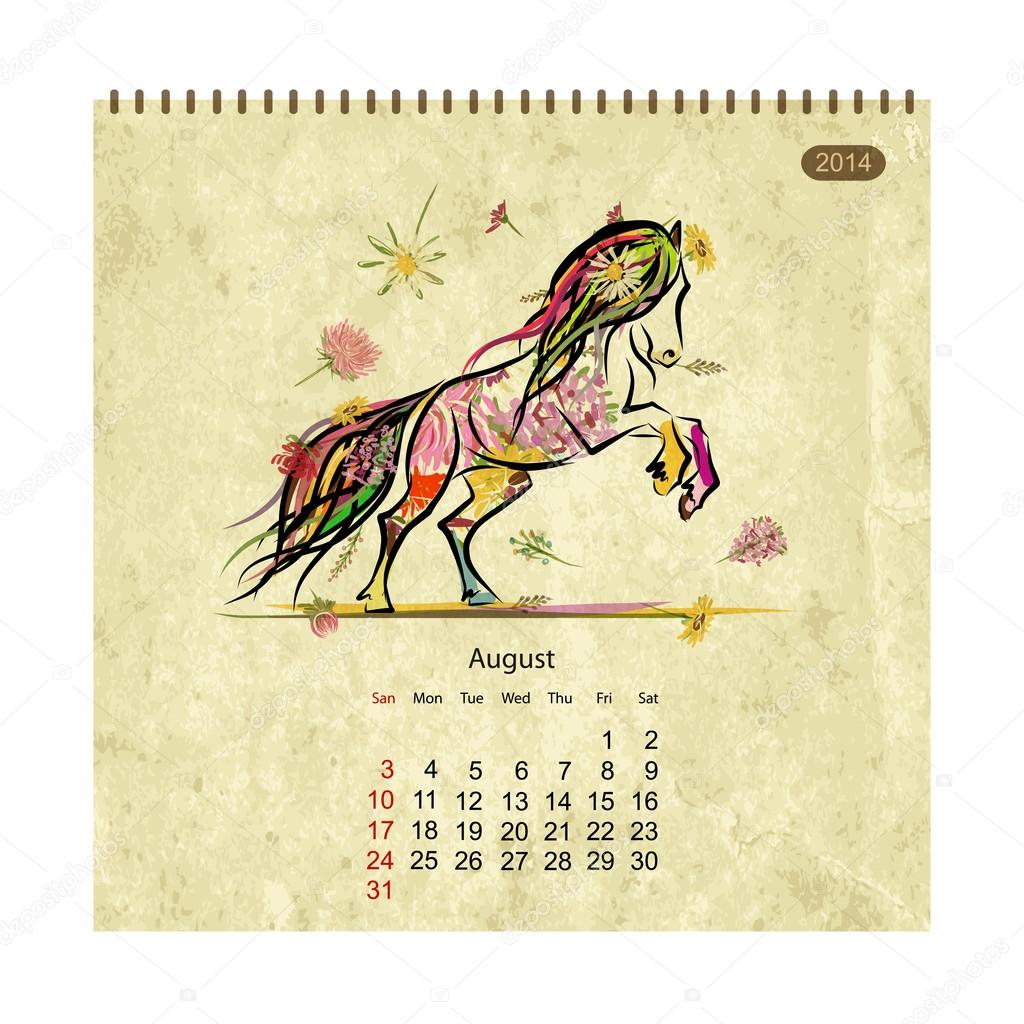 Calendar 14 August Art Horses For Your Design Stock Vector Image By C Kudryashka