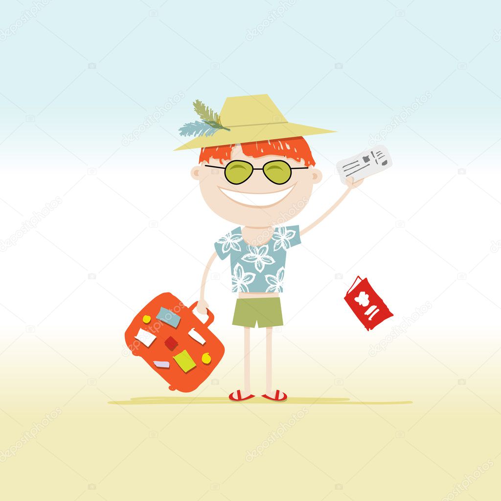 Happy tourist with tickets and suitcase for your design