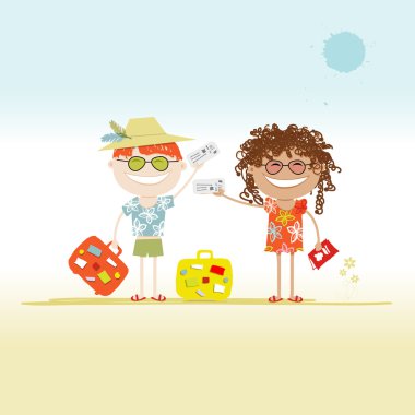 Happy tourists with tickets and suitcases for your design