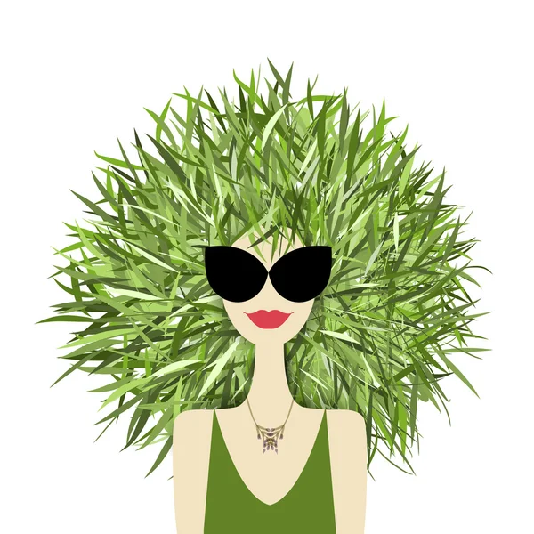 Cara femenina con peinado de hierba verde para su diseño — Vector de stock