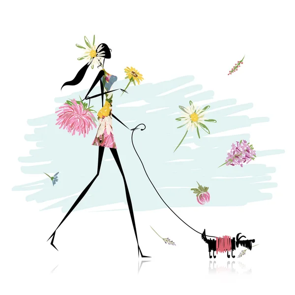 Çiçek kız köpek yürüyüş — Stok Vektör