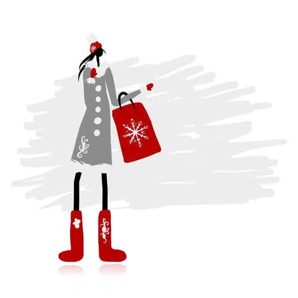 Girl in winter coat with shopping bag for your design — Stock Vector