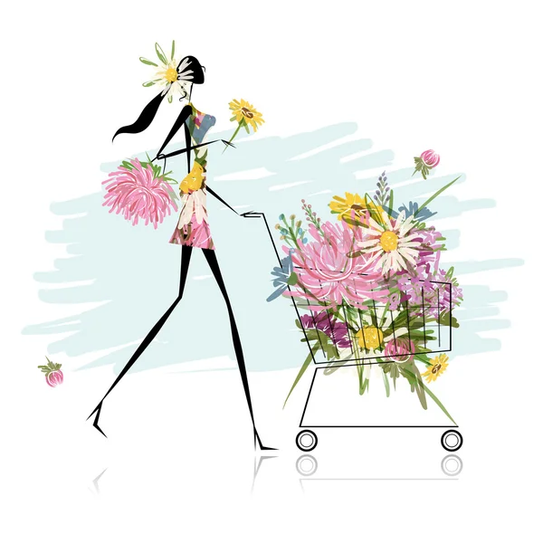 Woman with floral trolley for your design — Stock Vector