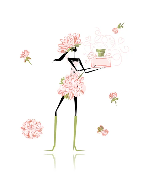 Chica floral con frasco de perfume para su diseño — Vector de stock
