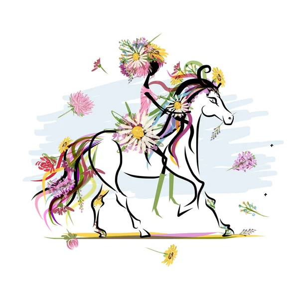 Menina floral no cavalo branco para o seu projeto — Vetor de Stock