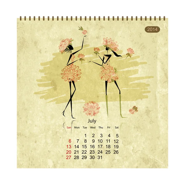 あなたのデザインの女の子レトロ カレンダー 2014 年 — ストックベクタ