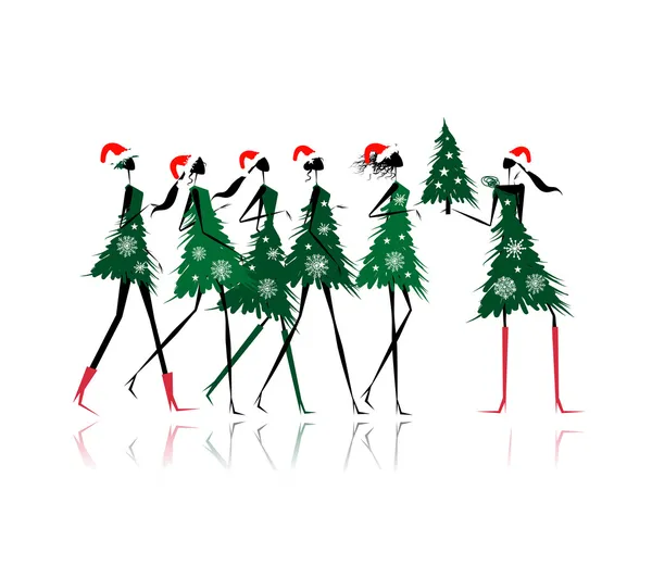 Christmas tree girls for your design — Stock Vector