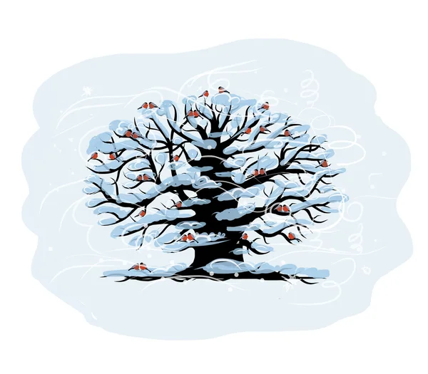 Diseño de tarjetas navideñas con árbol de invierno y pinzones — Vector de stock