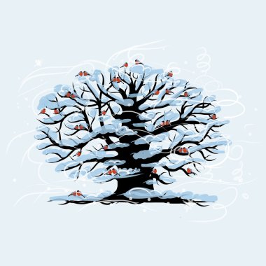 Kış ağaç ve bullfinches Noel kartı tasarımı