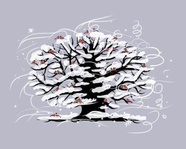 Kış ağaç ve bullfinches Noel kartı tasarımı