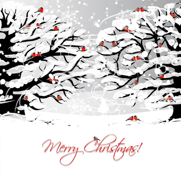 Projekt kartki świąteczne z drzewa zima i bullfinches — Wektor stockowy