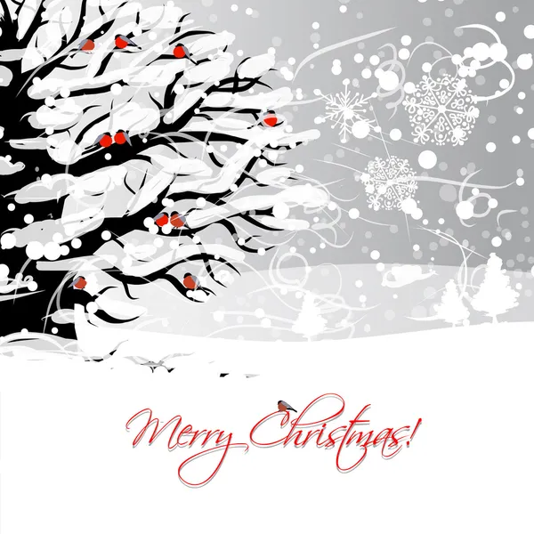 Weihnachtskarten-Design mit Winterbaum und Gimpel — Stockvektor