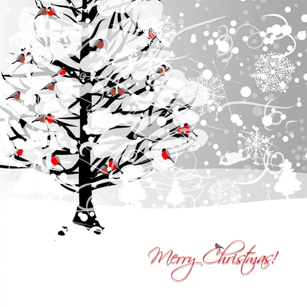 冬天树和红腹圣诞咭设计 — 图库矢量图片