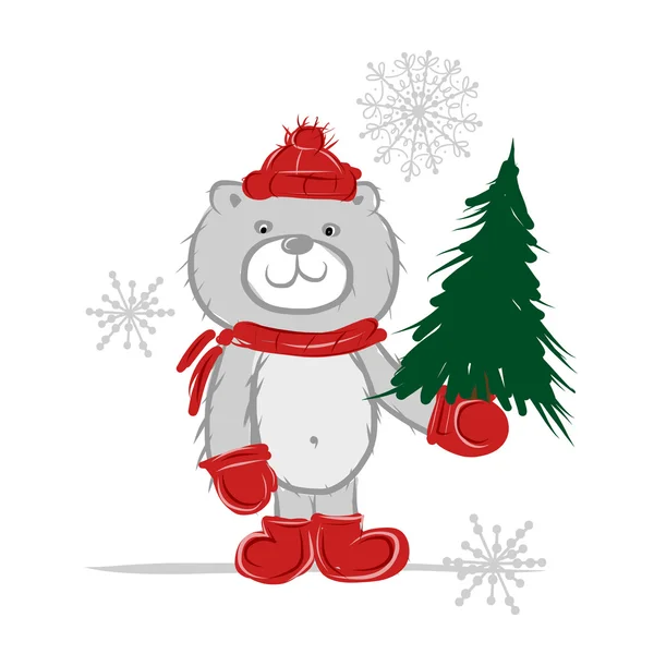 Urso engraçado de Papai Noel com árvore de natal para o seu design — Vetor de Stock