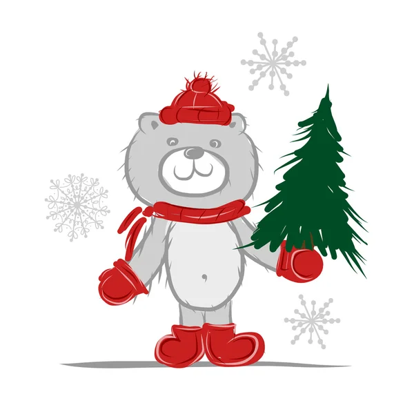 Divertido oso de santa con árbol de Navidad para su diseño — Vector de stock