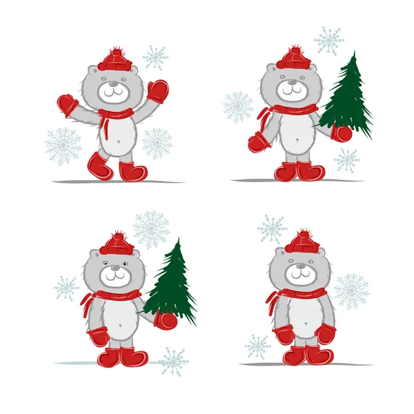 Urso engraçado de Papai Noel com árvore de natal para o seu design — Vetor de Stock