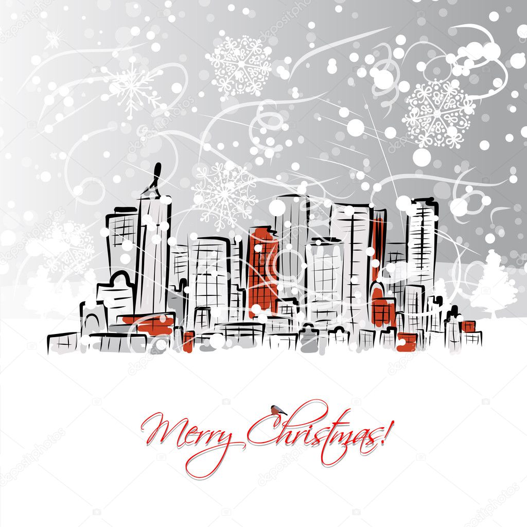 Merry christmas postcard with cityscape background