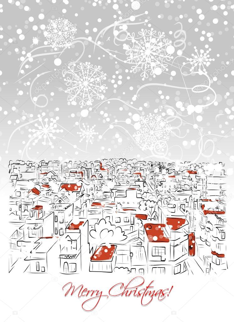 Merry christmas postcard with cityscape background