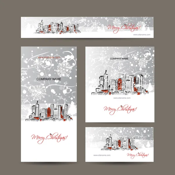 Merry christmas, set postcards with cityscape background — Stock Vector