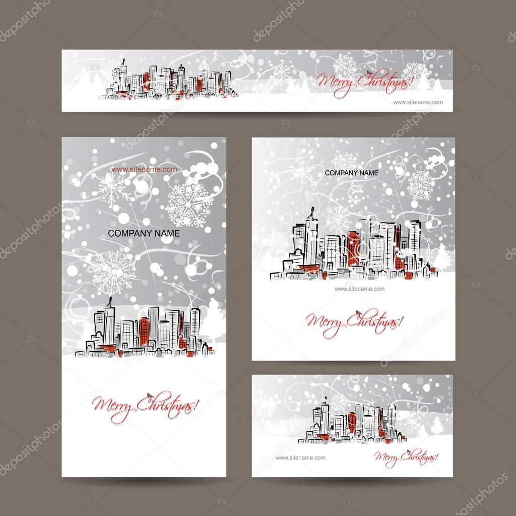 Merry christmas, set postcards with cityscape background
