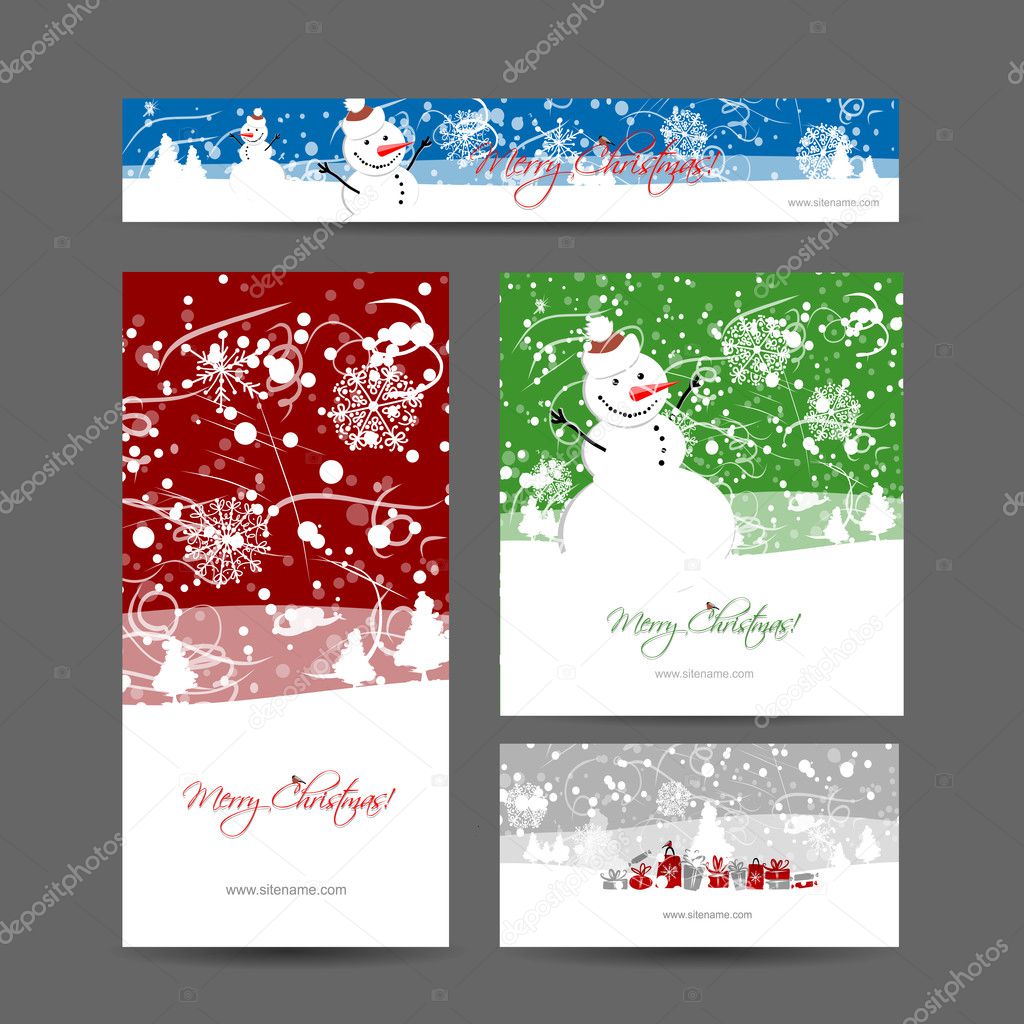 Merry christmas, set of postcards with winter tree