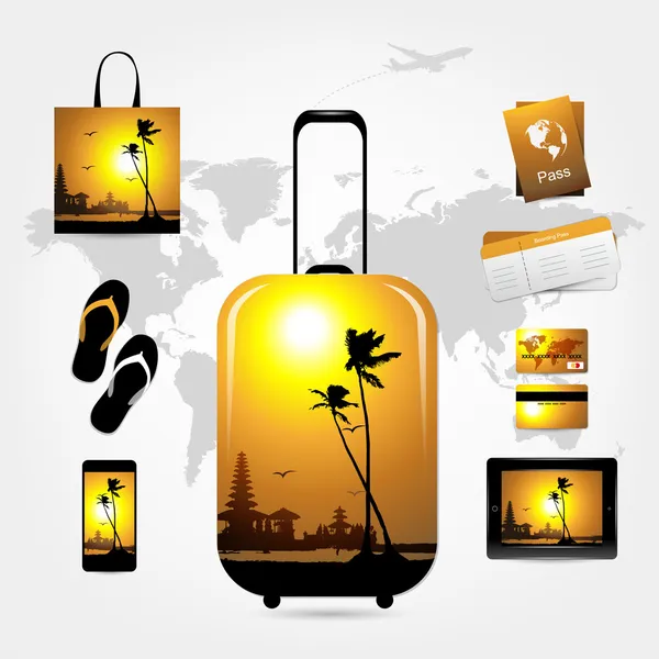 Valise de voyage avec des choses de voyage, style tropical — Image vectorielle