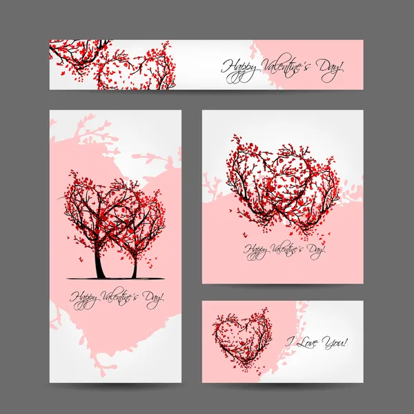 Set di carte di design San Valentino con alberi di sakura — Vettoriale Stock