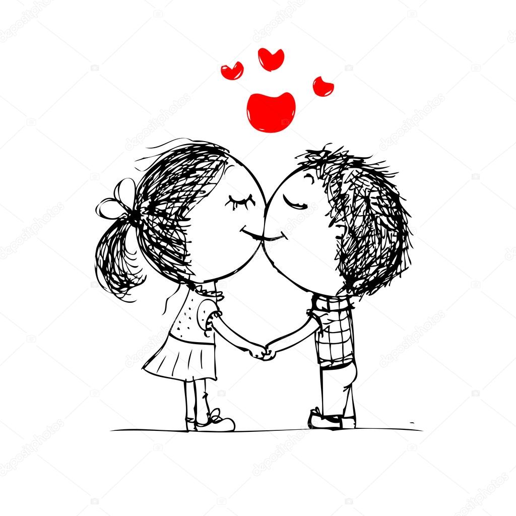 line art drawing cute couple kiss romantic. Stock Vector