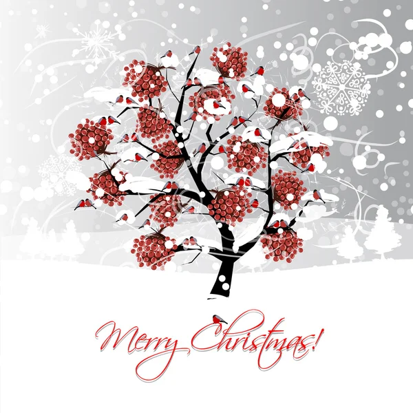 Christmas card design with winter rowan tree and bullfinches — Stock Vector