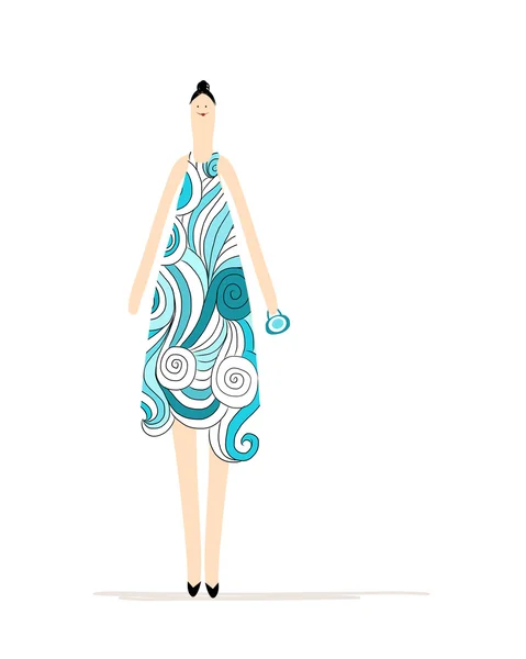 Mulher bonita em vestido azul para o seu design — Vetor de Stock