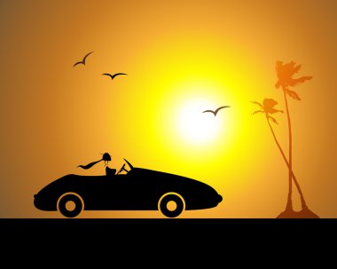 Woman driving car, sunset clipart
