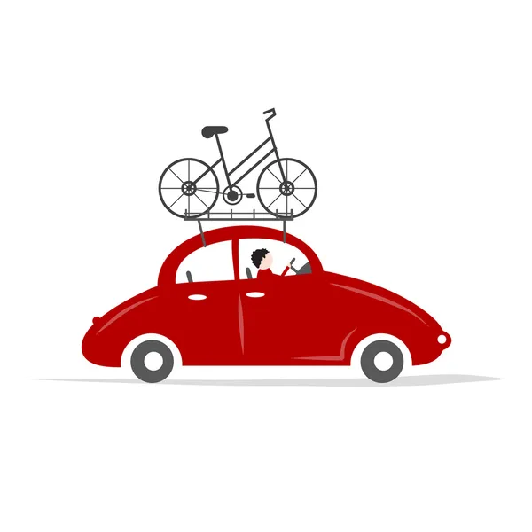 Mężczyzna jazdy czerwony samochód z rower na bagażnik dachowy — Wektor stockowy