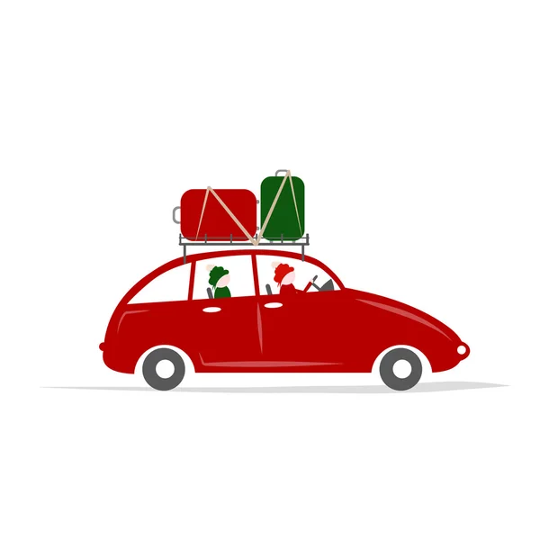 Familia viajando en coche rojo con equipaje — Vector de stock