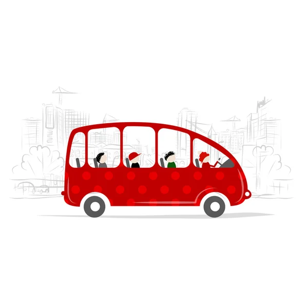 Червоний автобус з людьми на міській вулиці — стоковий вектор
