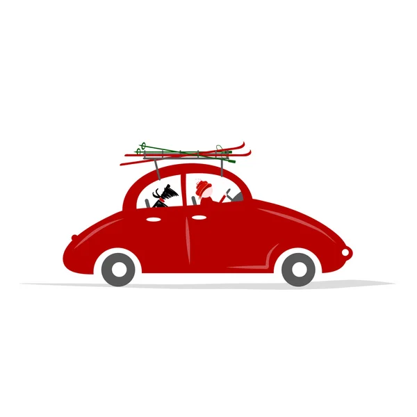 Bărbat și câine în mașină roșie cu schiuri pe suportul de acoperiș — Vector de stoc