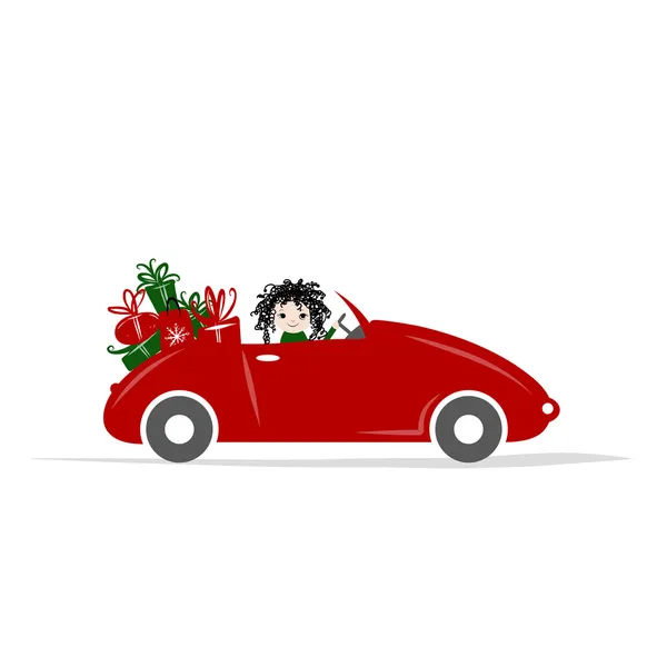 Woman driving red car for your design — Stock Vector