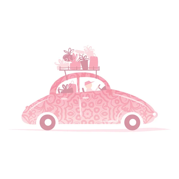 Hombre conduciendo coche rosa con regalos en el techo — Vector de stock