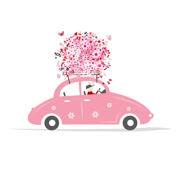 Man driving pink car with floral bouquet on roof — Stock Vector